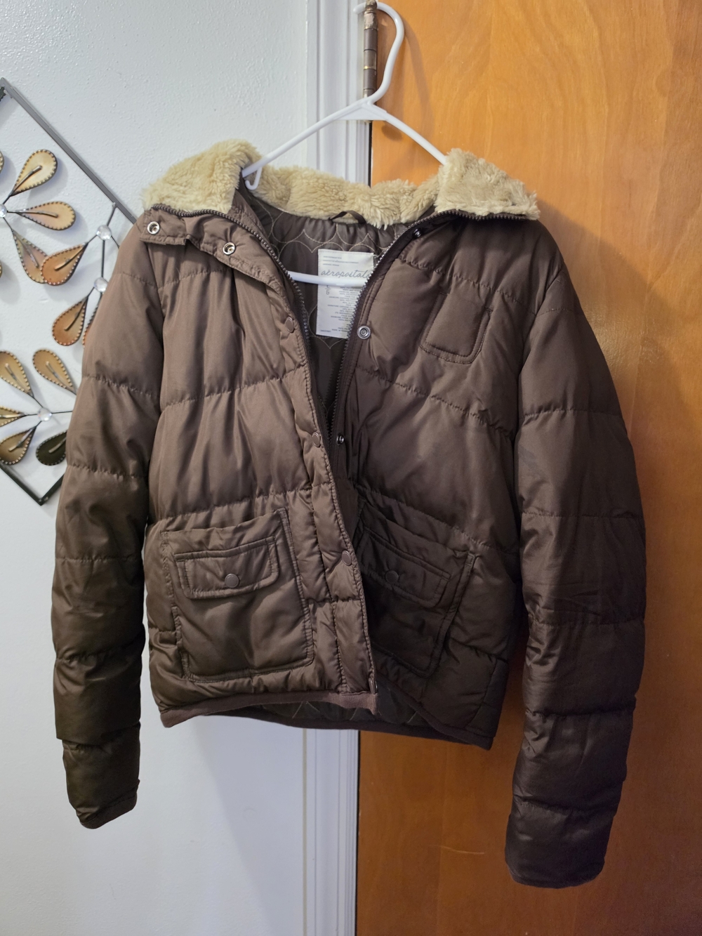 Aeropostle Brown Puffer Jacket with Faux Shearling Hood Size L